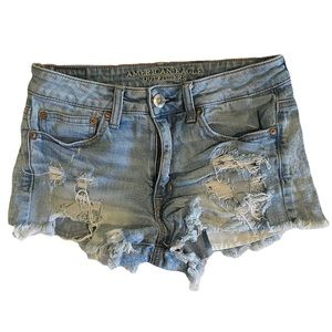 American Eagle Hi-Rise Festival Cut Off Jean Shorts Distressed Denim Stretch 6